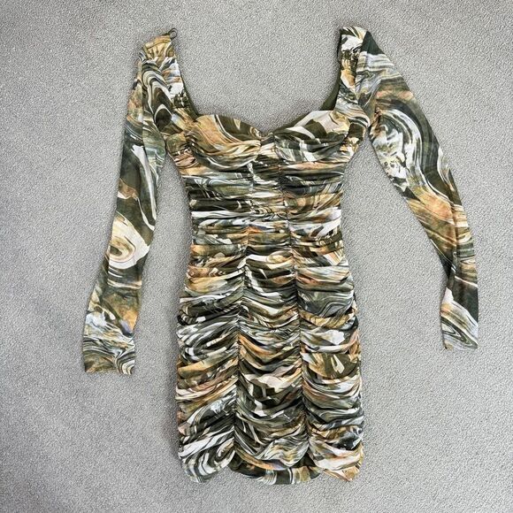 Zara Sheath Dress Marbled Ruched Draped Tulle Mini Khaki Green Orange Small - Picture 16 of 16